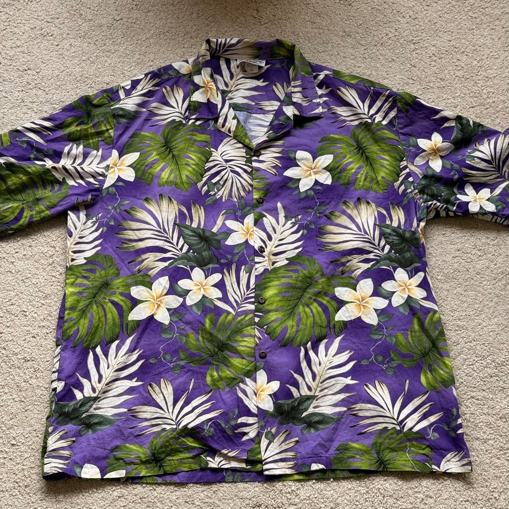 Pacific Legend Hawaiian Shirt Mens 2XL Purple Monstera Plumeria Tropical Cotton